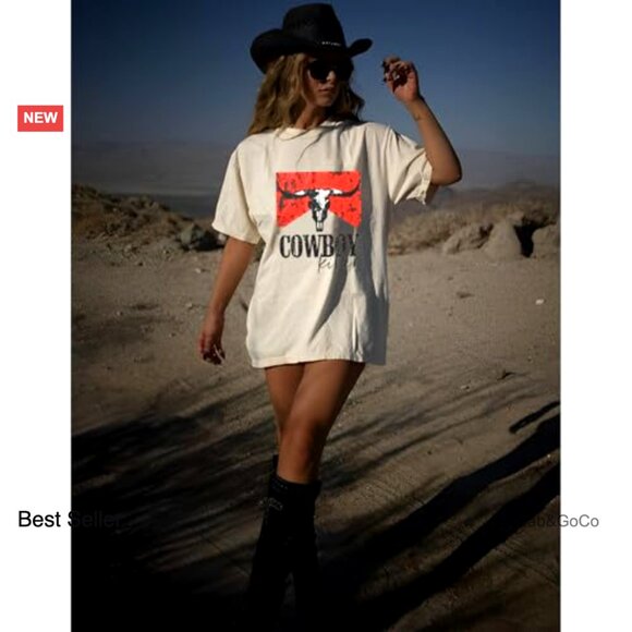 Vintage Western Graphic Tee Oversized Retro Cowboy Skull T-Shirt Casual Top - Picture 4 of 7